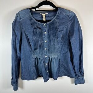 VTG Lucky Brand Womens Denim Shirt Blue Pleated Button Front Long Sleeve Size‎ S